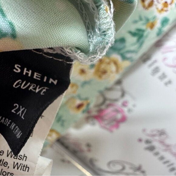 Floral Smocked Dress with Tie Straps green blue yellow flowers stretchy summer - Picture 7 of 8